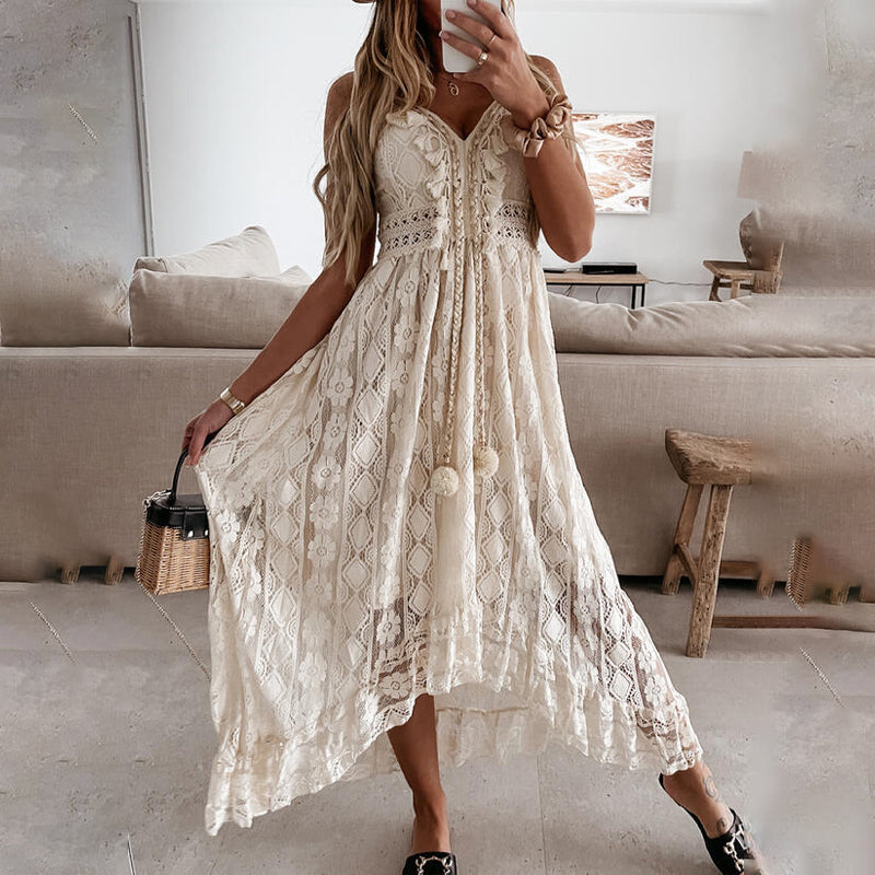 Lace Spaghetti Strap Solid Color Long Dress