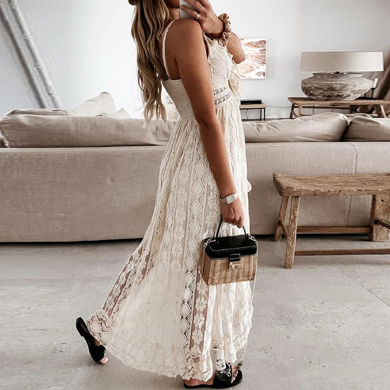 Lace Spaghetti Strap Solid Color Long Dress