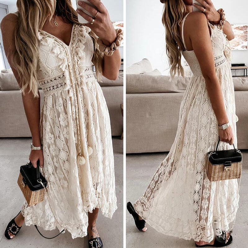 Lace Spaghetti Strap Solid Color Long Dress