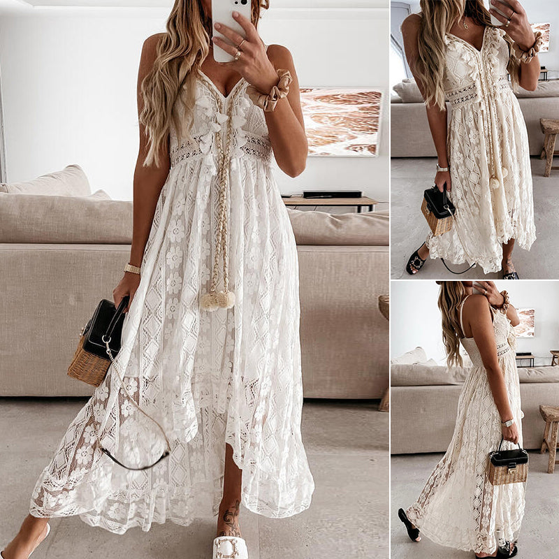 Lace Spaghetti Strap Solid Color Long Dress