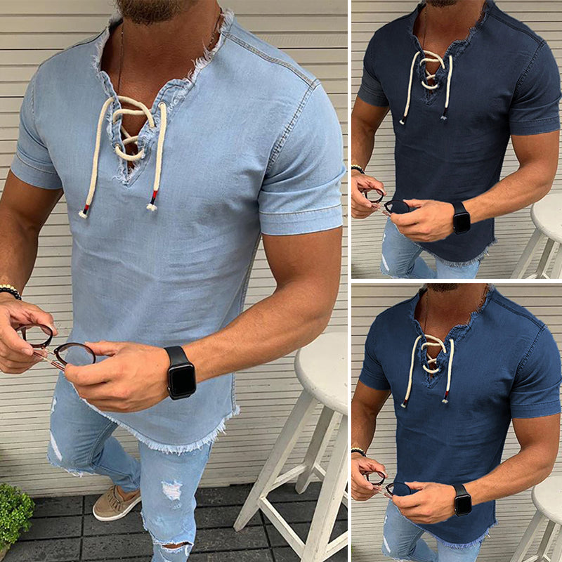 Stretch Denimskjort med Snøring for Menn