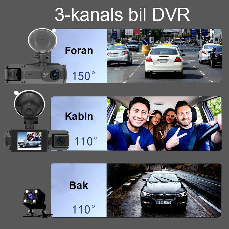 Dashbordkamera med tre linser