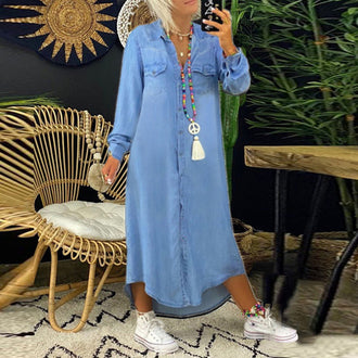 Ensfarget langermet denimkjole for kvinner