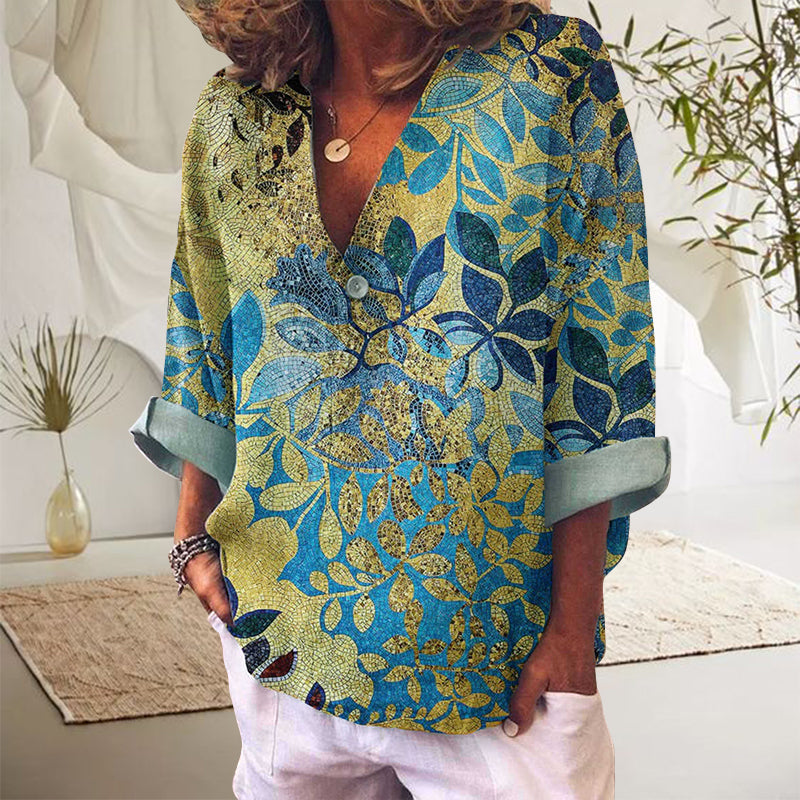 Leaf Foil Print Long Sleeve Shirt