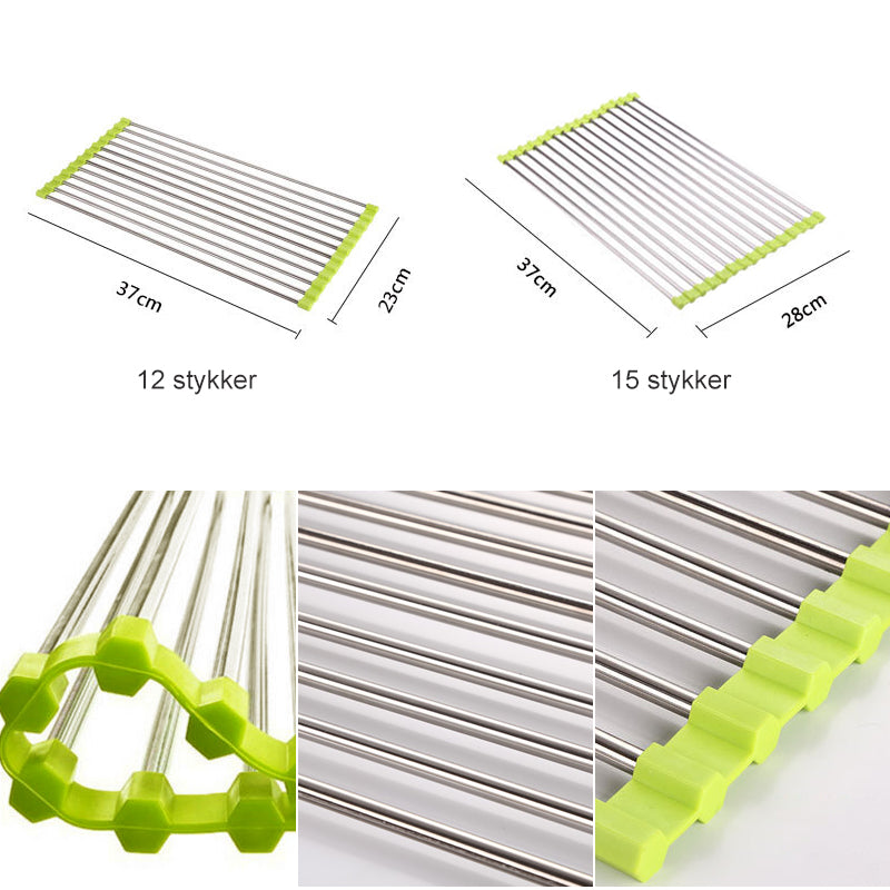 Rustfritt stål Roll Up Dish Tørrestativ, sammenleggbart