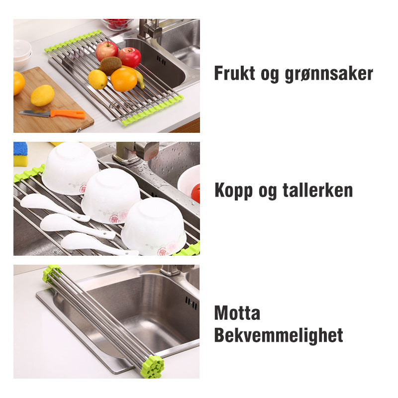 Rustfritt stål Roll Up Dish Tørrestativ, sammenleggbart