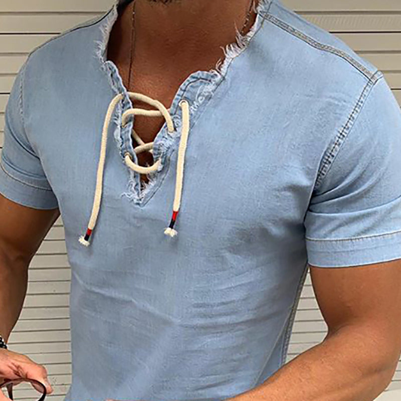 Stretch Denimskjort med Snøring for Menn