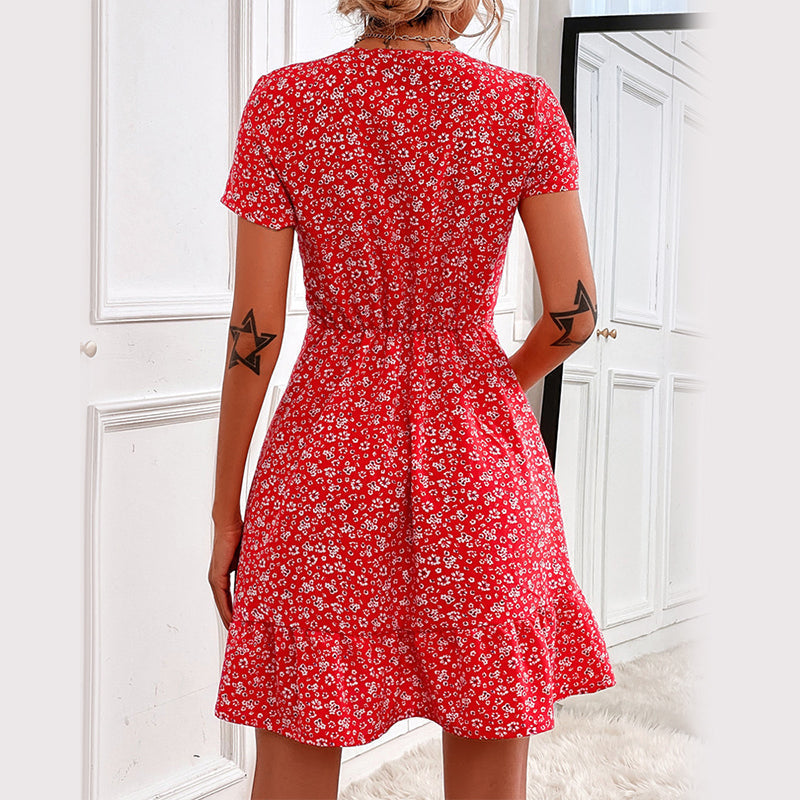 Polka Dot & Floral Printed V Neck Casual Dress