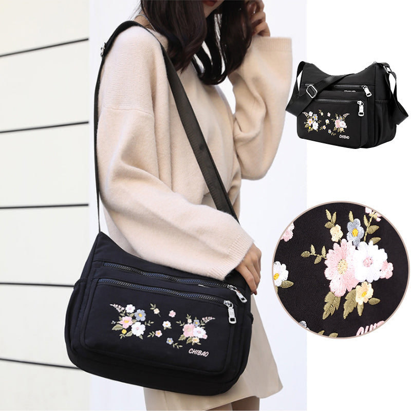 Fasjonabel skulderveske med brodert blomstermønster for damer