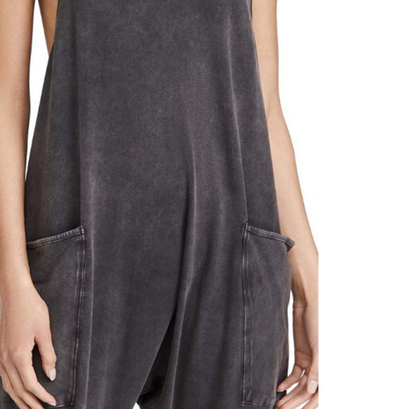 Ensfarget Jumpsuit med V-hals Sling Pocket