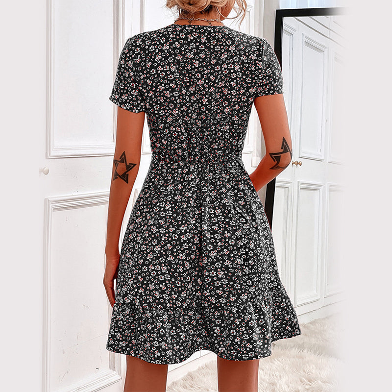 Polka Dot & Floral Printed V Neck Casual Dress