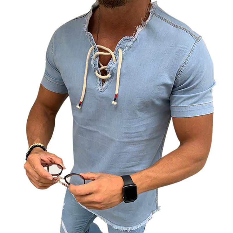 Stretch Denimskjort med Snøring for Menn