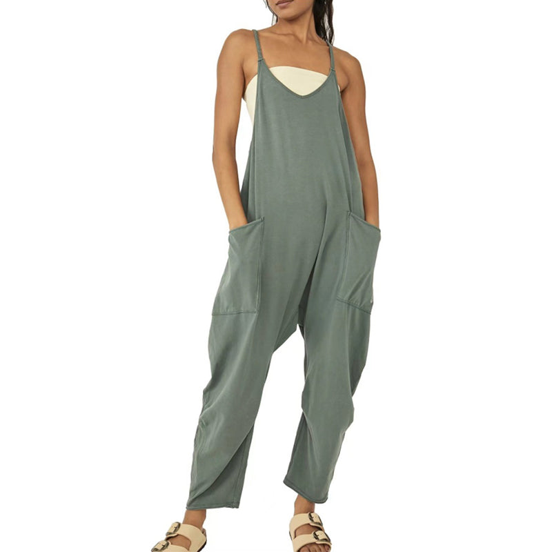 Ensfarget Jumpsuit med V-hals Sling Pocket