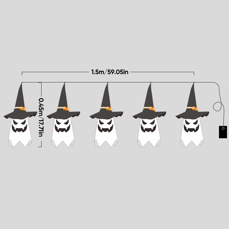 Opphengt, lysende og glødende heksehatt til halloween