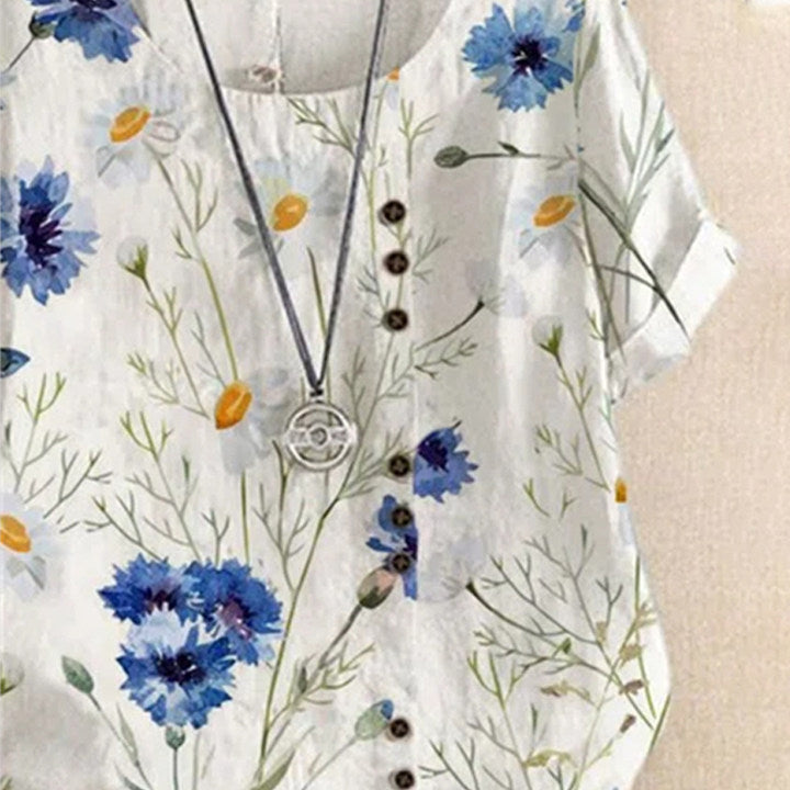 Kortermet Bluse med Rund Hals og Blomstertrykk