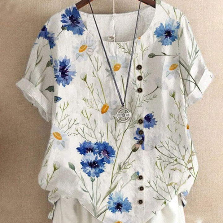 Kortermet Bluse med Rund Hals og Blomstertrykk
