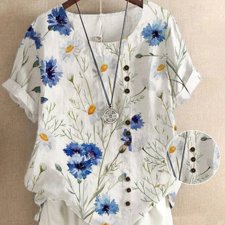 Kortermet Bluse med Rund Hals og Blomstertrykk