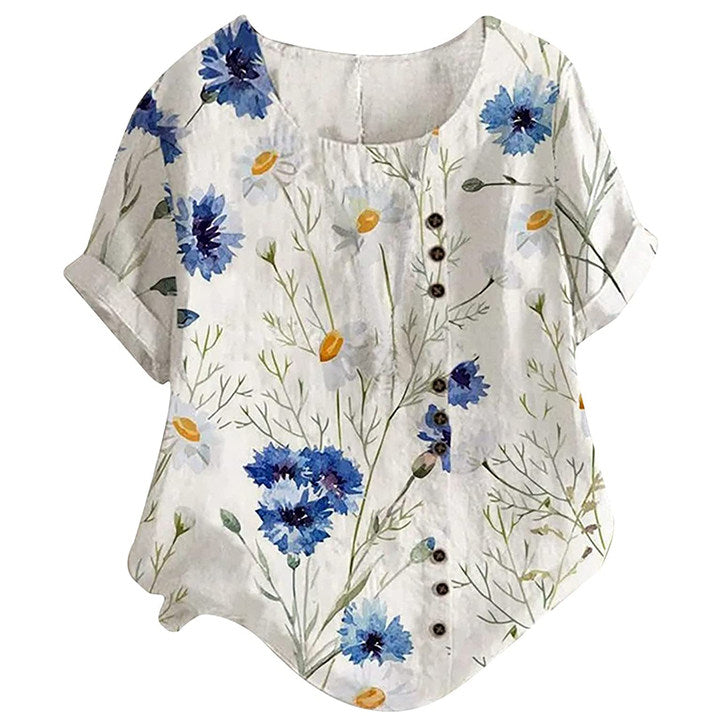 Kortermet Bluse med Rund Hals og Blomstertrykk