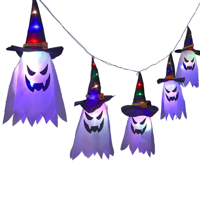 Opphengt, lysende og glødende heksehatt til halloween